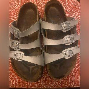 Birkenstock Florida Birko Flor Womens Silver 3 Buckle Slip On Sandals Size 8.5